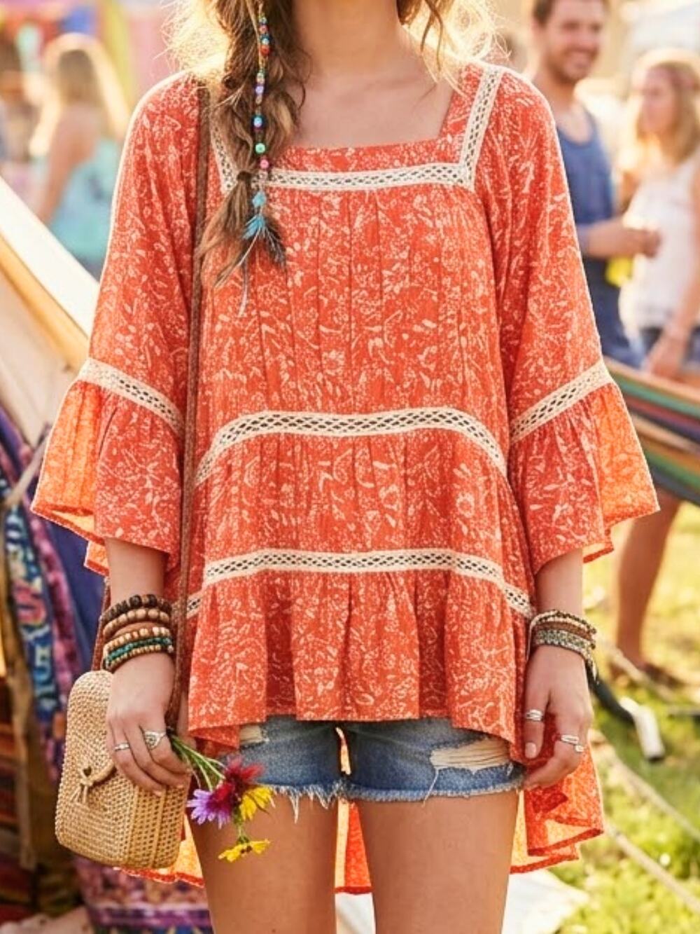 FREE PEOPLE Talk About It Orange Print Peasant Top With Crochet Trim, S